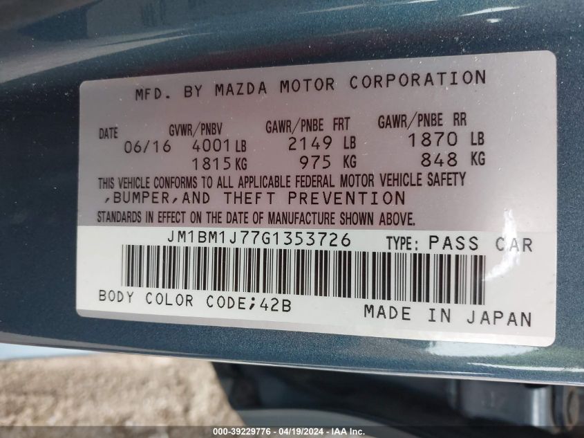 2016 Mazda Mazda3 I Sport VIN: JM1BM1J77G1353726 Lot: 39229776