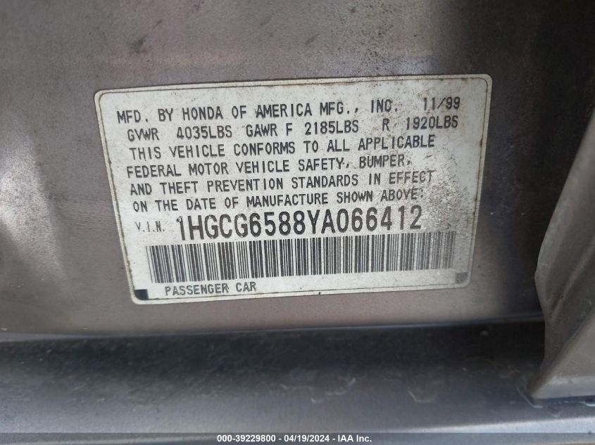 2000 Honda Accord 2.3 Ex VIN: 1HGCG6588YA066412 Lot: 39229800