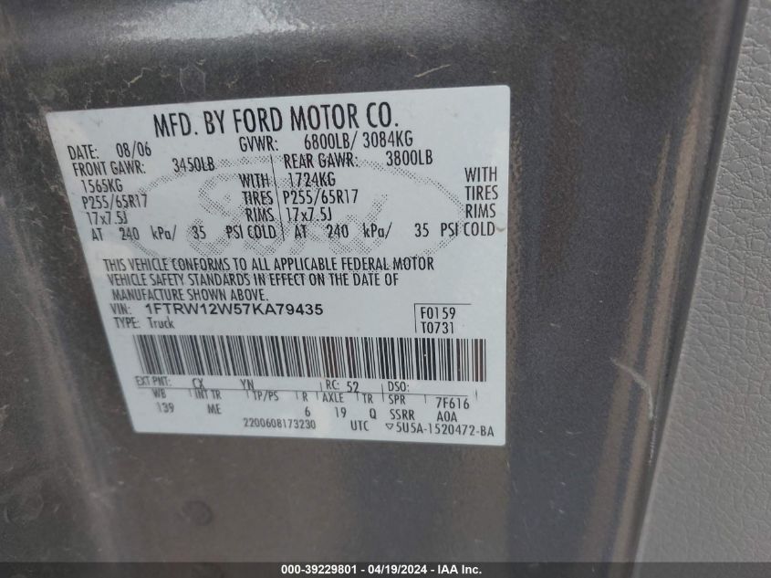 2007 Ford F-150 Xlt VIN: 1FTRW12W57KA79435 Lot: 39229801