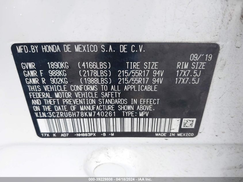 2019 Honda Hr-V Ex-L VIN: 3CZRU6H78KM740261 Lot: 39229808