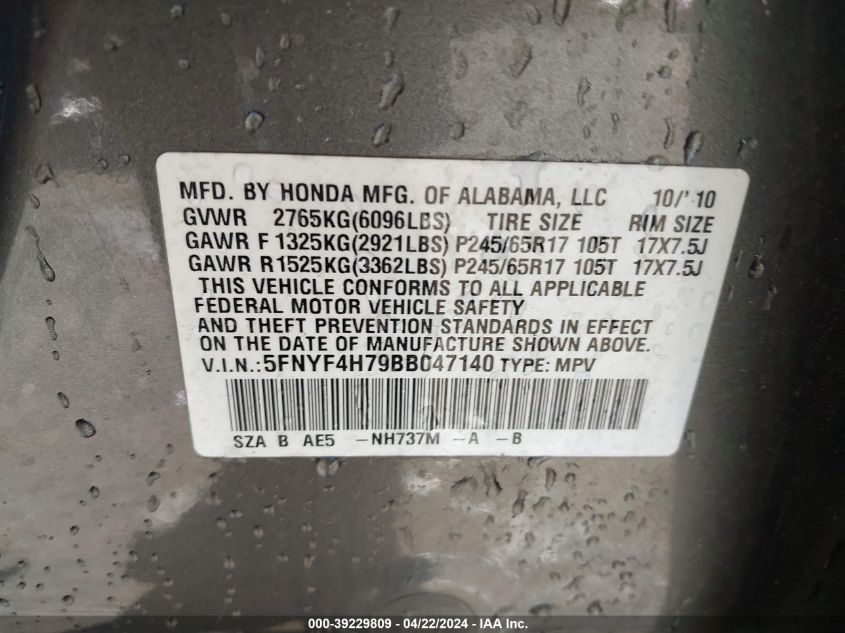 2011 Honda Pilot Ex-L VIN: 5FNYF4H79BB047140 Lot: 39229809