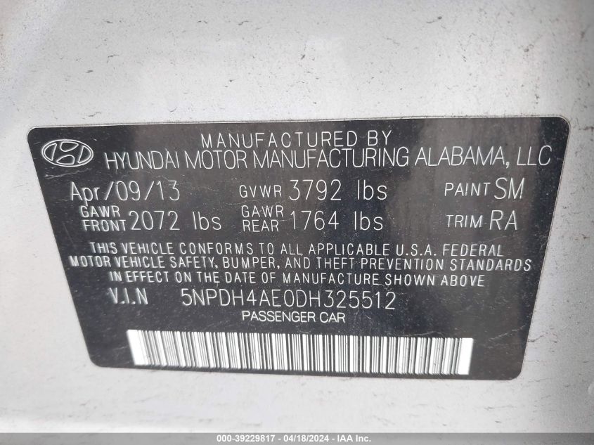 2013 Hyundai Elantra Gls VIN: 5NPDH4AE0DH325512 Lot: 39241226