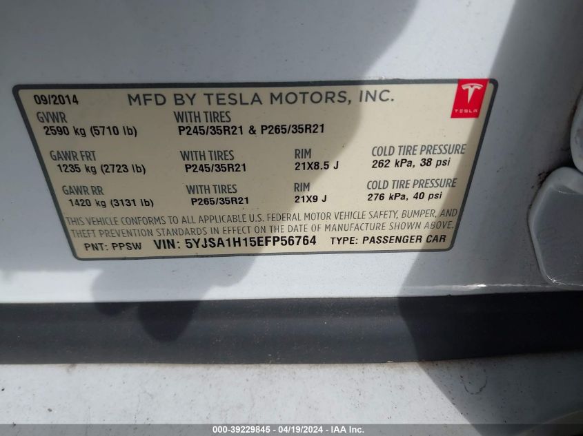 2014 Tesla Model S P85 VIN: 5YJSA1H15EFP56764 Lot: 39229845