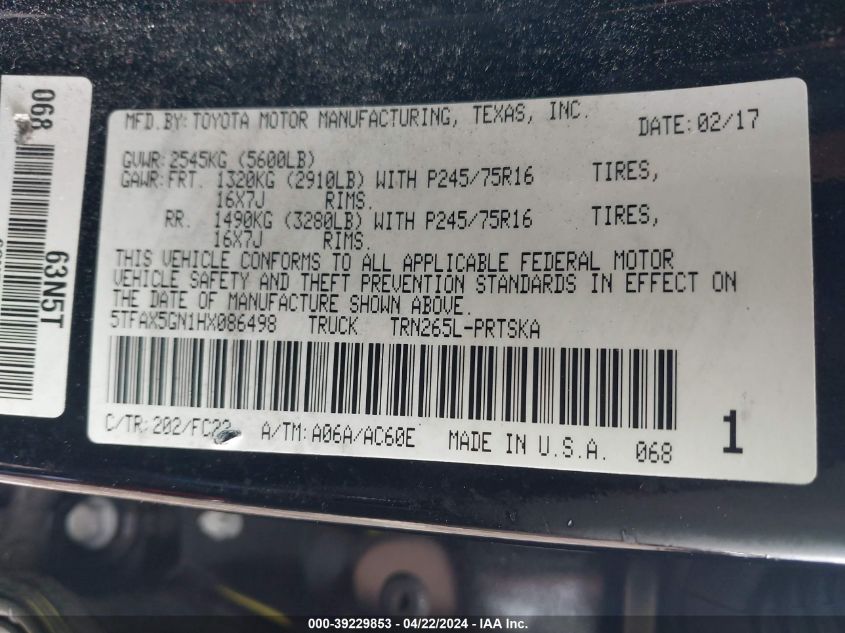 2017 Toyota Tacoma Sr5 VIN: 5TFAX5GN1HX086498 Lot: 39229853