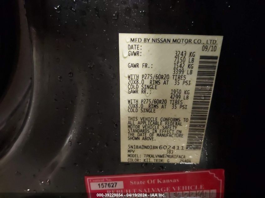 2011 Nissan Armada Platinum VIN: 5N1BA0ND1BN602411 Lot: 39229854