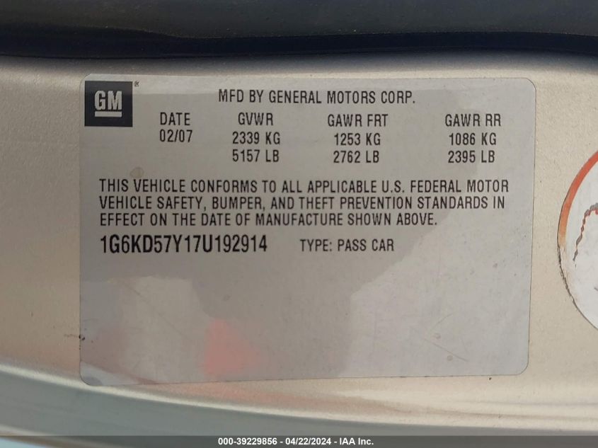 2007 Cadillac Dts V8 VIN: 1G6KD57Y17U192914 Lot: 39229856