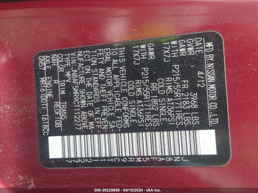 2012 Nissan Juke Sv VIN: JN8AF5MR9CT112277 Lot: 39229859