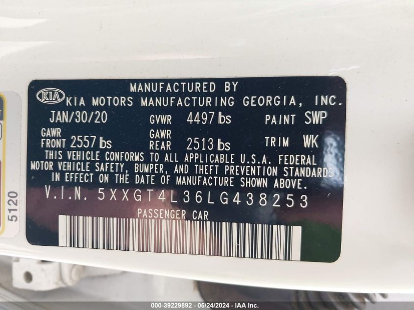 2020 Kia Optima Lx VIN: 5XXGT4L36LG438250 Lot: 39229892