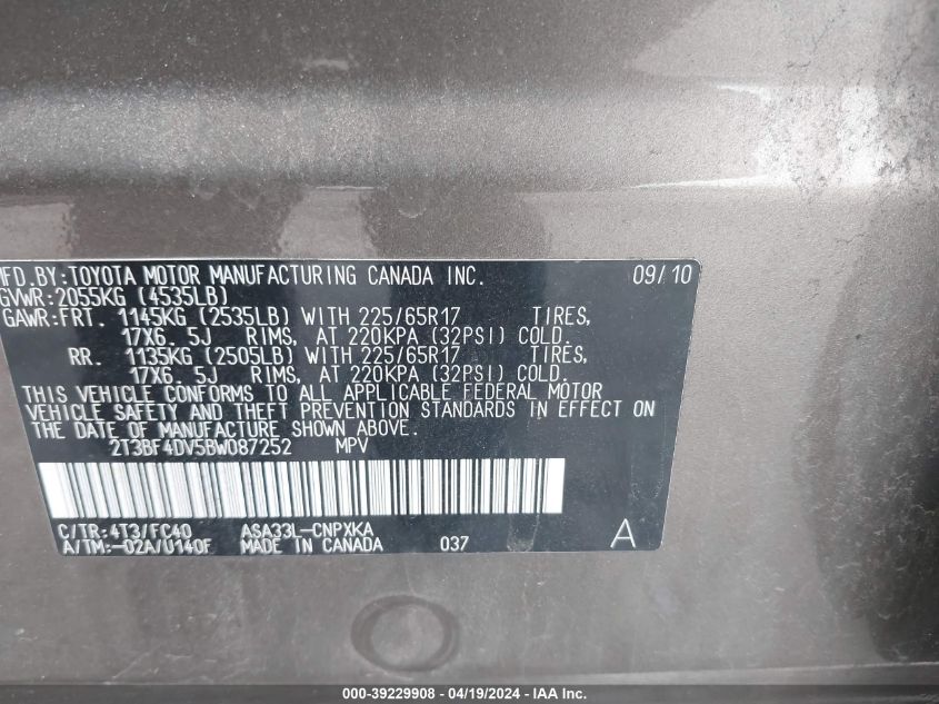 2011 Toyota Rav4 VIN: 2T3BF4DV5BW087252 Lot: 39229908