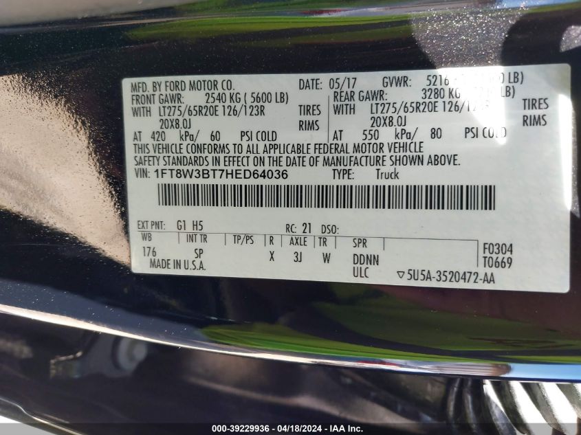 2017 Ford F-350 King Ranch VIN: 1FT8W3BT7HED64036 Lot: 39229936