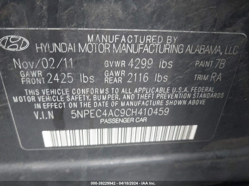 5NPEC4AC9CH410459 | 2012 HYUNDAI SONATA