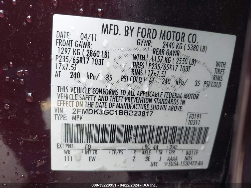 2011 Ford Edge Se VIN: 2FMDK3GC1BBB23817 Lot: 39229951