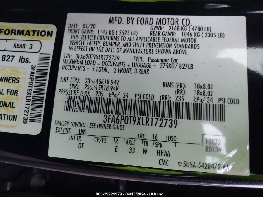 2020 Ford Fusion Se VIN: 3FA6P0T9XLR172739 Lot: 39229979