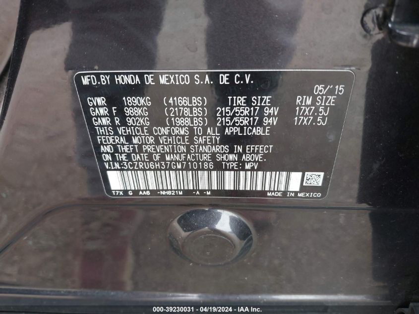 2016 Honda Hr-V Lx VIN: 3CZRU6H37GM710186 Lot: 39230031