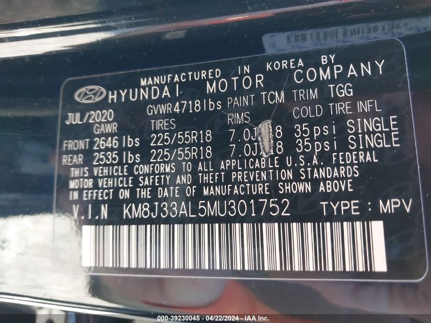 2021 Hyundai Tucson Sel VIN: KM8J33AL5MU301752 Lot: 39230045