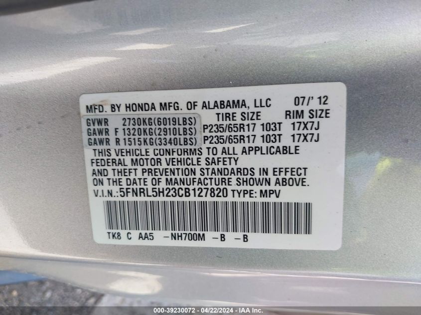 2012 Honda Odyssey Lx VIN: 5FNRL5H23CB127820 Lot: 39230072