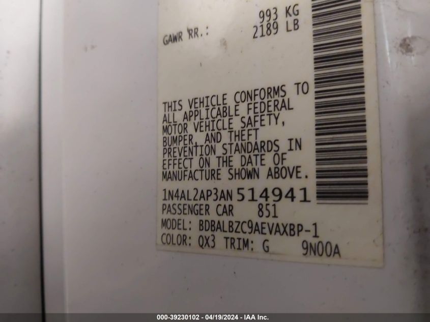 2010 Nissan Altima 2.5 S VIN: 1N4AL2AP3AN514941 Lot: 39230102