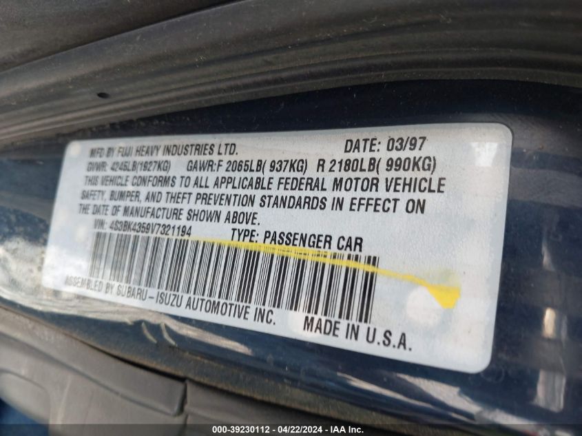 1997 Subaru Legacy L/Postal Right-Hand Drive VIN: 4S3BK4359V7321194 Lot: 39230112