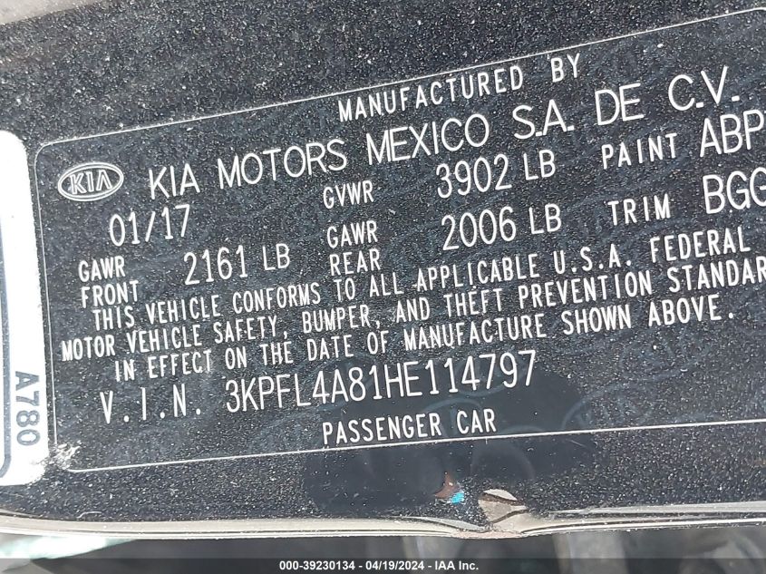 2017 Kia Forte Ex VIN: 3KPFL4A81HE114797 Lot: 39230134