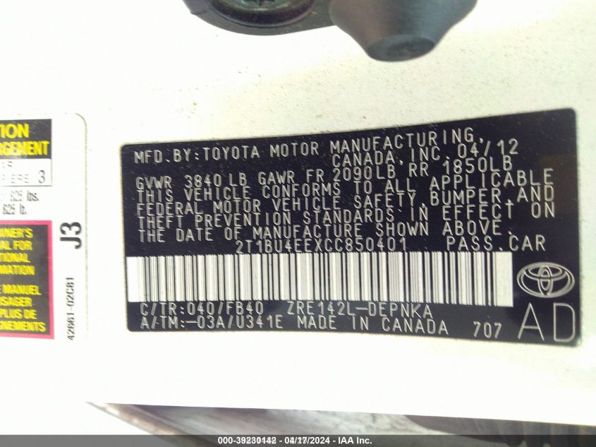 2T1BU4EEXCC850401 | 2012 TOYOTA COROLLA