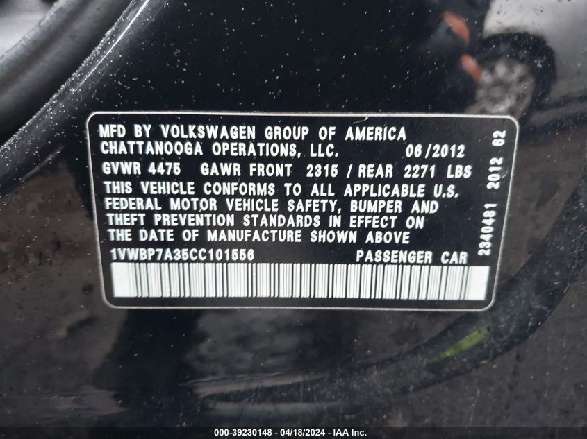 2012 Volkswagen Passat 2.5L Se VIN: 1VWBP7A35CC101556 Lot: 39230148