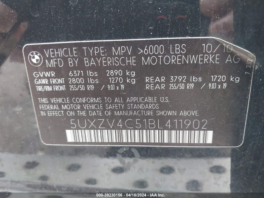 2011 BMW X5 xDrive35I/xDrive35I Premium/xDrive35I Sport Activity VIN: 5UXZV4C51BL411902 Lot: 39230156