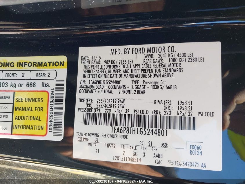 2016 Ford Mustang VIN: 1FA6P8TH1G5244801 Lot: 39230167