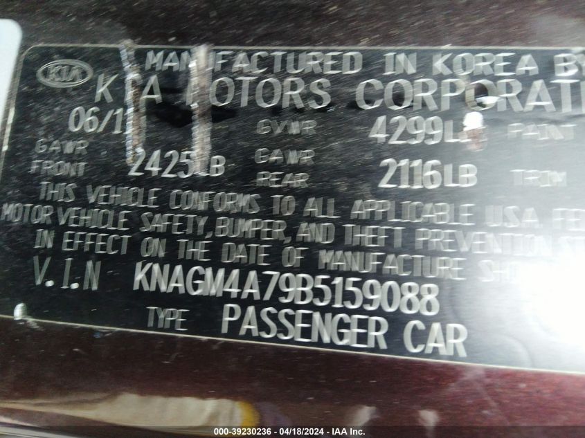 2011 Kia Optima Lx VIN: KNAGM4A79B5159088 Lot: 39230236