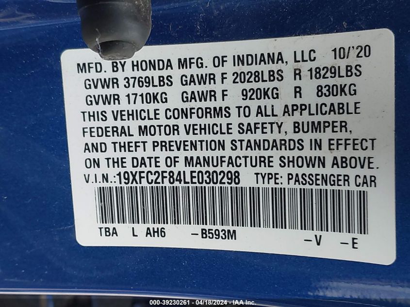 2020 Honda Civic Sport VIN: 19XFC2F84LE030298 Lot: 39230261