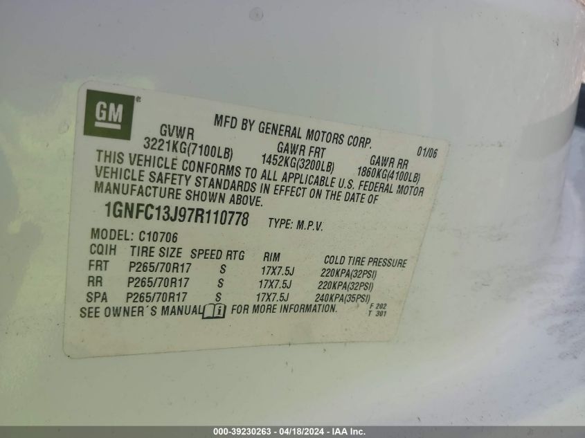 2007 Chevrolet Tahoe Ls VIN: 1GNFC13J97R110778 Lot: 50062524