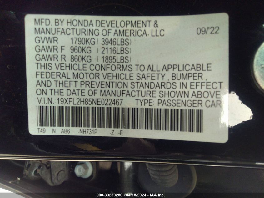 2022 Honda Civic Sport VIN: 19XFL2H85NE022467 Lot: 39230280