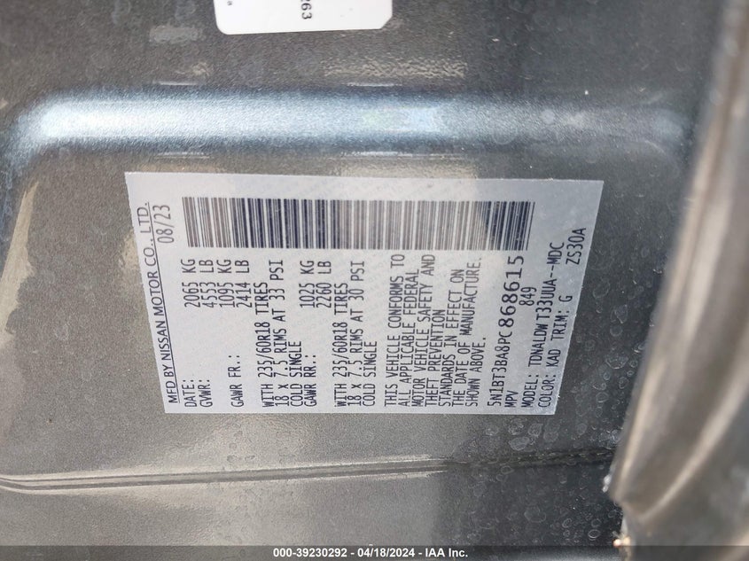 VIN 5N1BT3BA8PC868615 2023 NISSAN ROGUE SV
