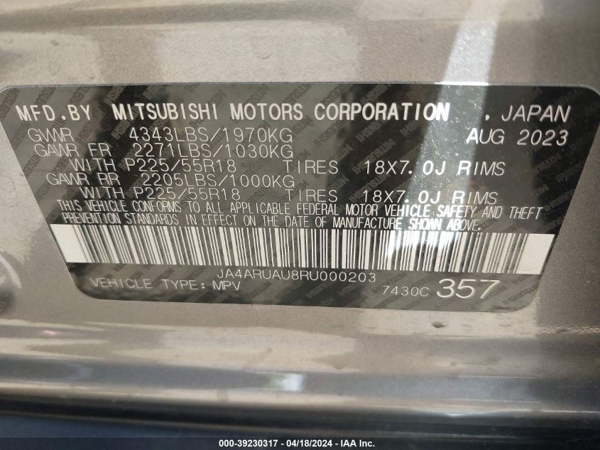 2024 Mitsubishi Outlander Sport 2.0 Es Awc VIN: JA4ARUAU8RU000203 Lot: 39230317