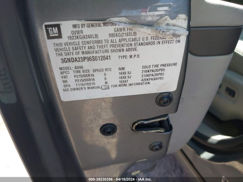 2006 Chevrolet Hhr Lt VIN: 3GNDA23P96S612841 Lot: 39230356