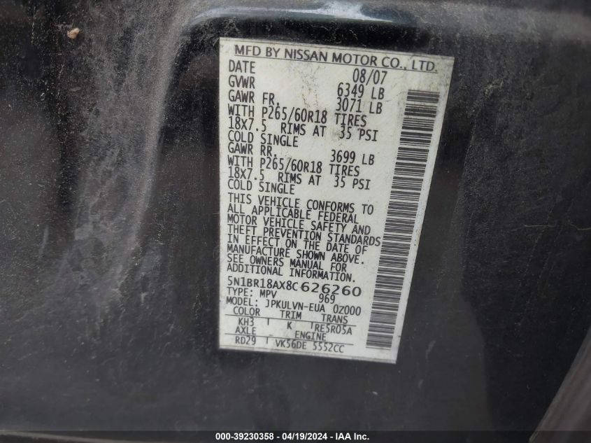 2008 Nissan Pathfinder Le V8 VIN: 5N1BR18AX8C626260 Lot: 39230358