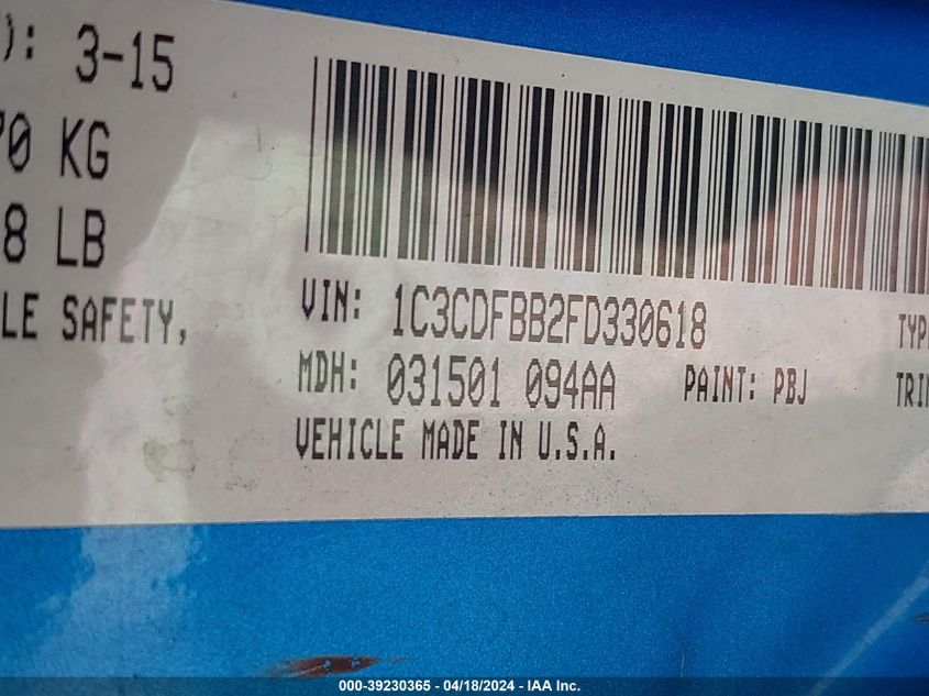 2015 Dodge Dart Sxt VIN: 1C3CDFBB2FD330618 Lot: 39230365