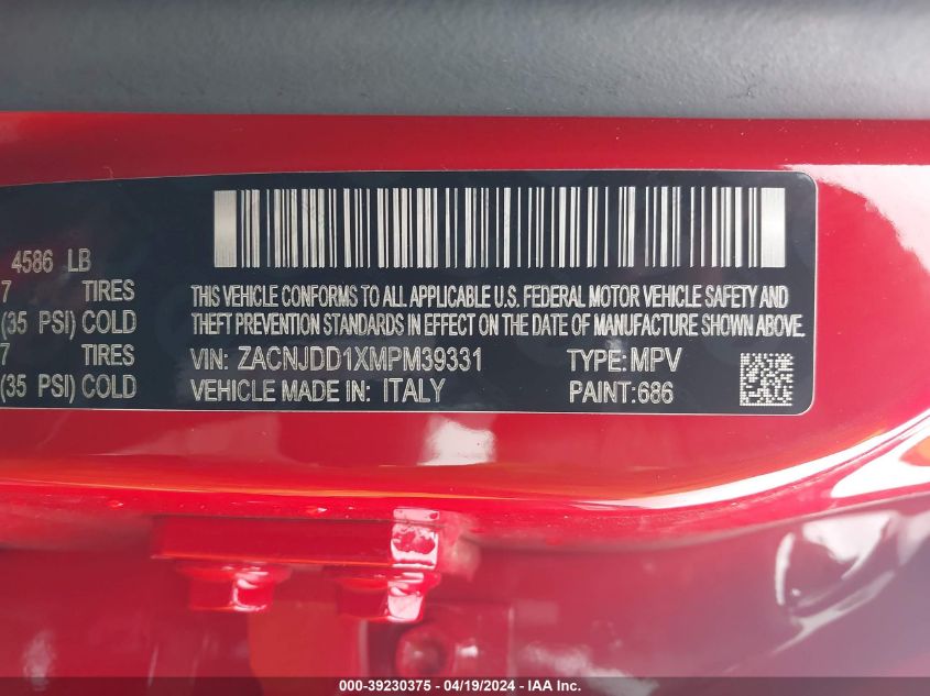 2021 Jeep Renegade Limited 4X4 VIN: ZACNJDD1XMPM39331 Lot: 39230375