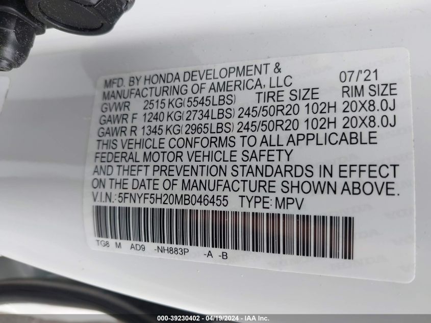 2021 Honda Pilot 2Wd Special Edition VIN: 5FNYF5H20MB046455 Lot: 39230402