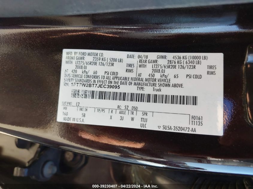 2018 Ford F-250 Lariat VIN: 1FT7W2BT7JEC39095 Lot: 39230407