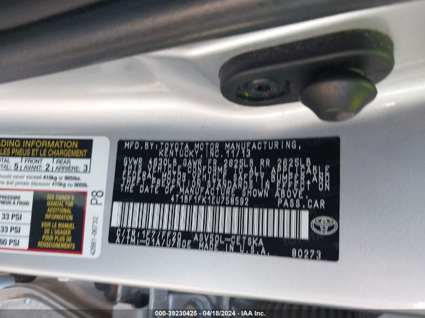 2014 Toyota Camry Se Sport VIN: 4T1BF1FK1EU758592 Lot: 39230425