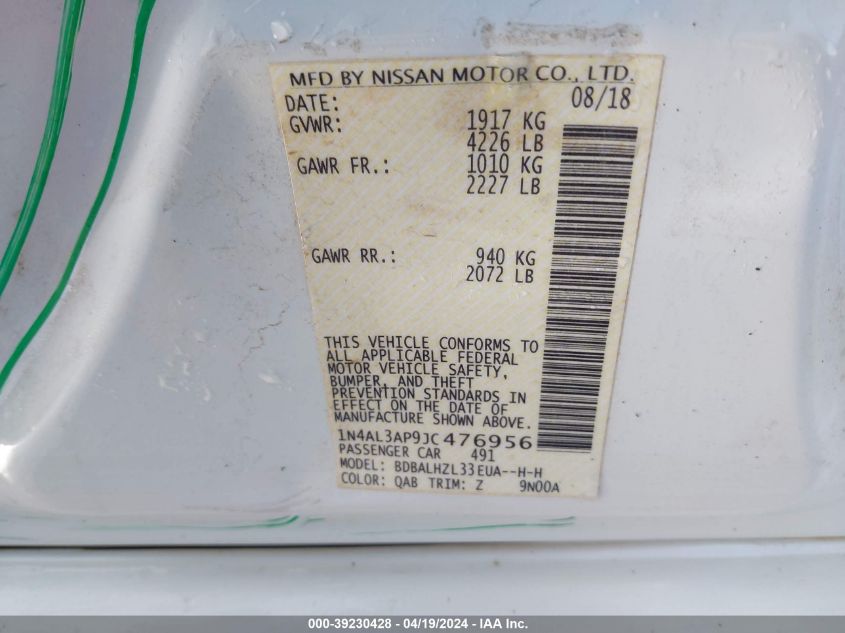 2018 Nissan Altima 2.5 Sr VIN: 1N4AL3AP9JC476956 Lot: 39230428