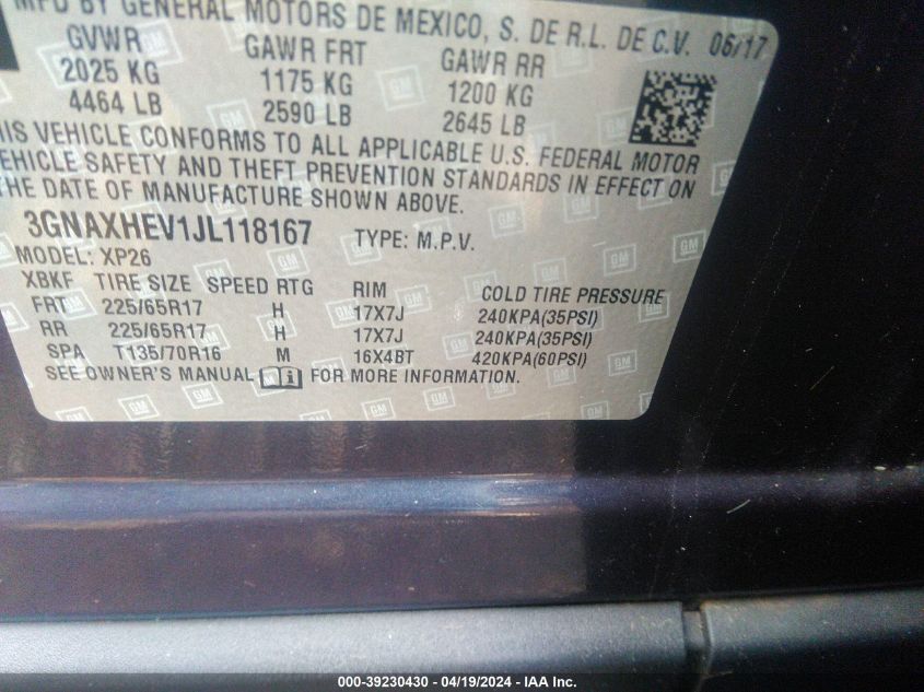 2018 Chevrolet Equinox Ls VIN: 3GNAXHEV1JL118167 Lot: 39230430