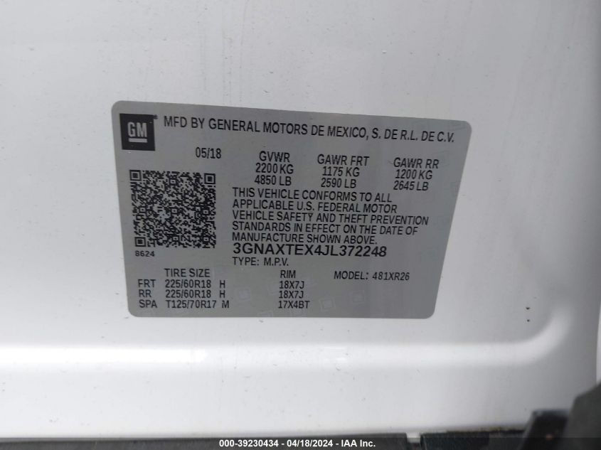 2018 Chevrolet Equinox Lt VIN: 3GNAXTEX4JL372248 Lot: 39230434