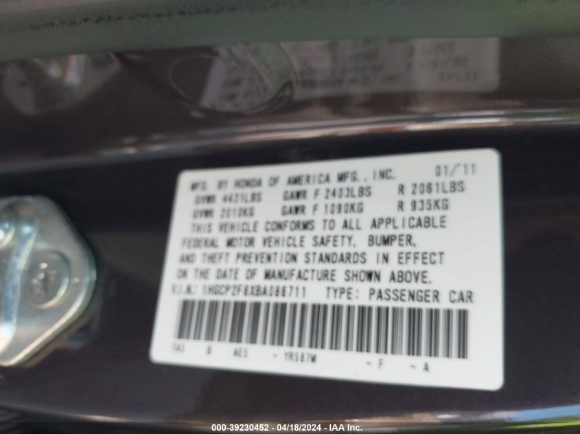 2011 Honda Accord 2.4 Ex-L VIN: 1HGCP2F8XBA086711 Lot: 39230452