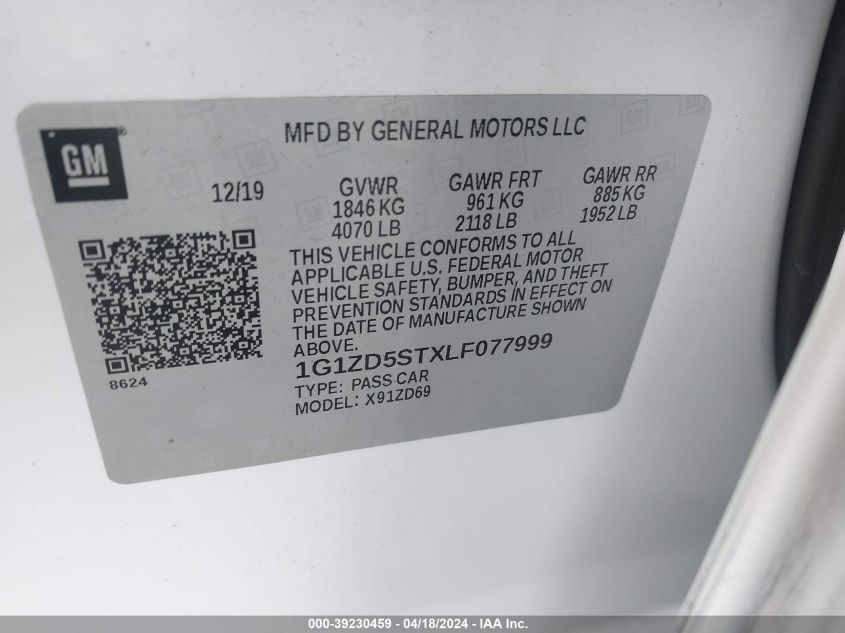 2020 Chevrolet Malibu Fwd Lt VIN: 1G1ZD5STXLF077999 Lot: 39230459