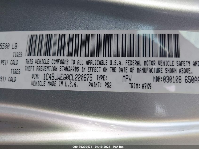 2012 Jeep Wrangler Unlimited Sahara VIN: 1C4BJWEG0CL220675 Lot: 39230474