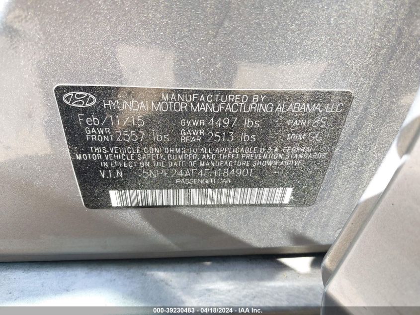 2015 Hyundai Sonata Se VIN: 5NPE24AF4FH184901 Lot: 39230483