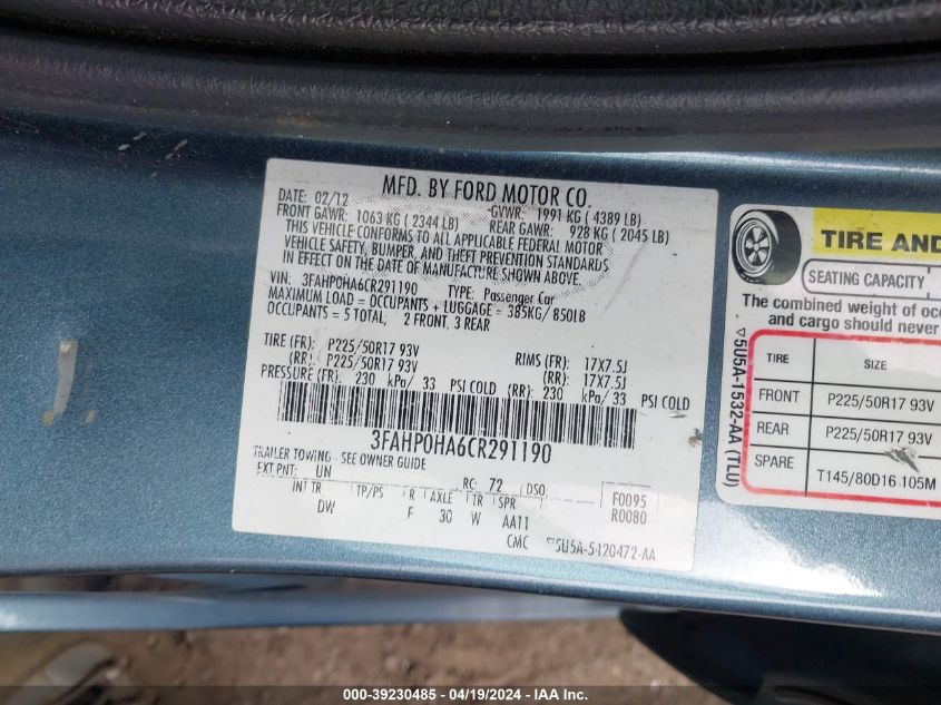 2012 Ford Fusion Se VIN: 3FAHP0HA6CR291190 Lot: 39230485