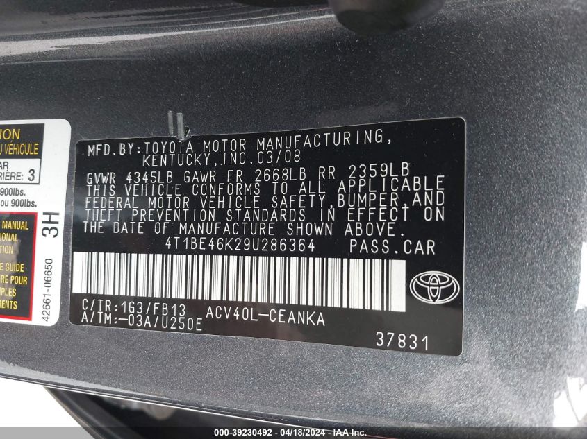 2009 Toyota Camry Le VIN: 4T1BE46K29U286364 Lot: 39230492