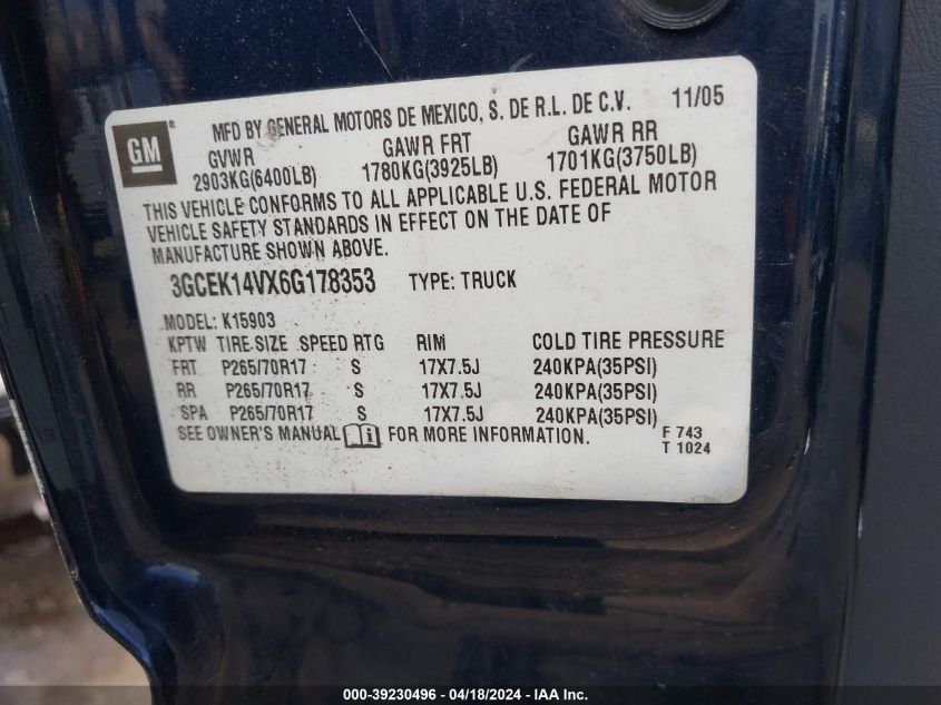 2006 Chevrolet Silverado 1500 Work Truck VIN: 3GCEK14VX6G178353 Lot: 39230496